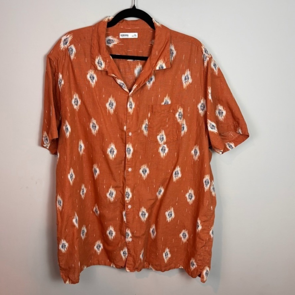 Sonoma Mens Brown/orange southwestern short sleeve button up sz XXL Linen Cotton